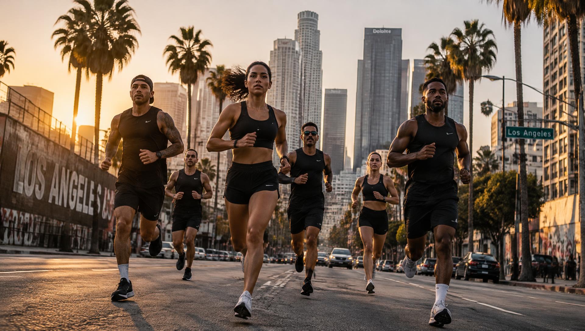 Adult runners moving through downtown Los Angeles at golden hour